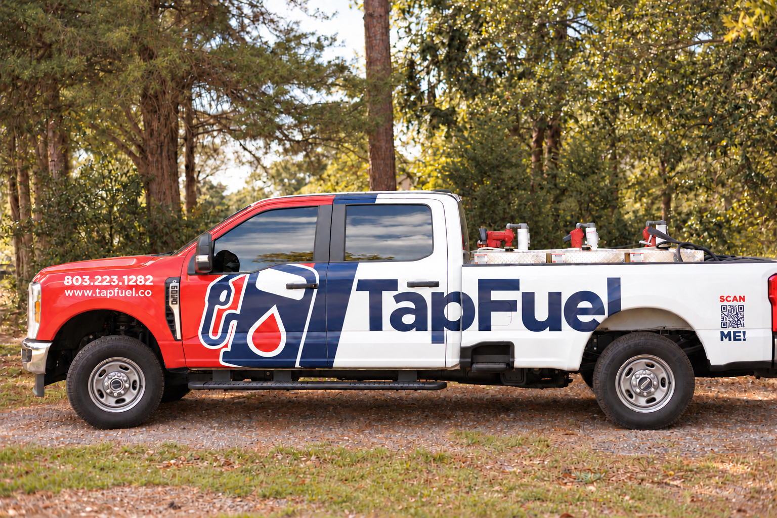 TapFuel’s red, white, and navy mobile fuel delivery truck